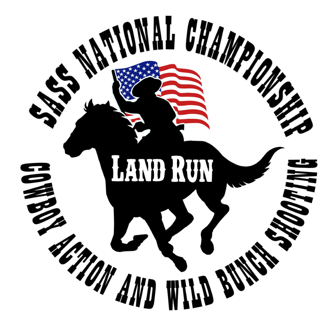 Round Medium Land Run Logo with Horse Running and Flag Waving